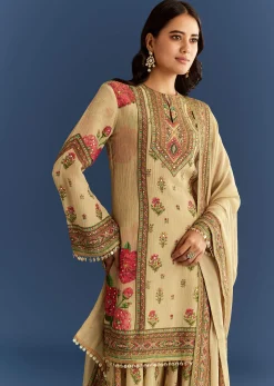 Beige Crush Tissue Floral Printed Kurta Palazzo With Dupatta