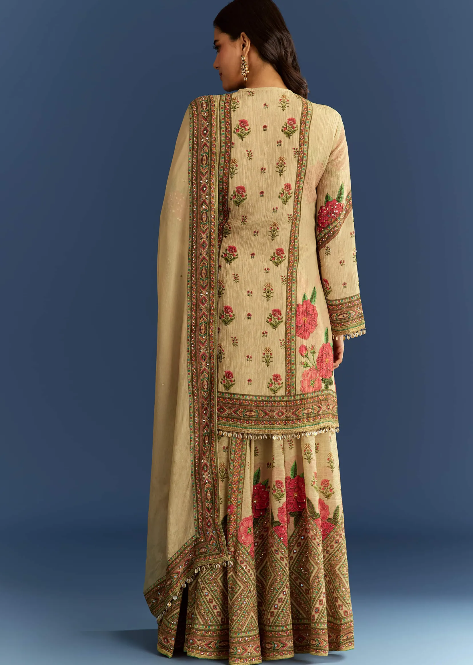 Beige Crush Tissue Floral Printed Kurta Palazzo With Dupatta