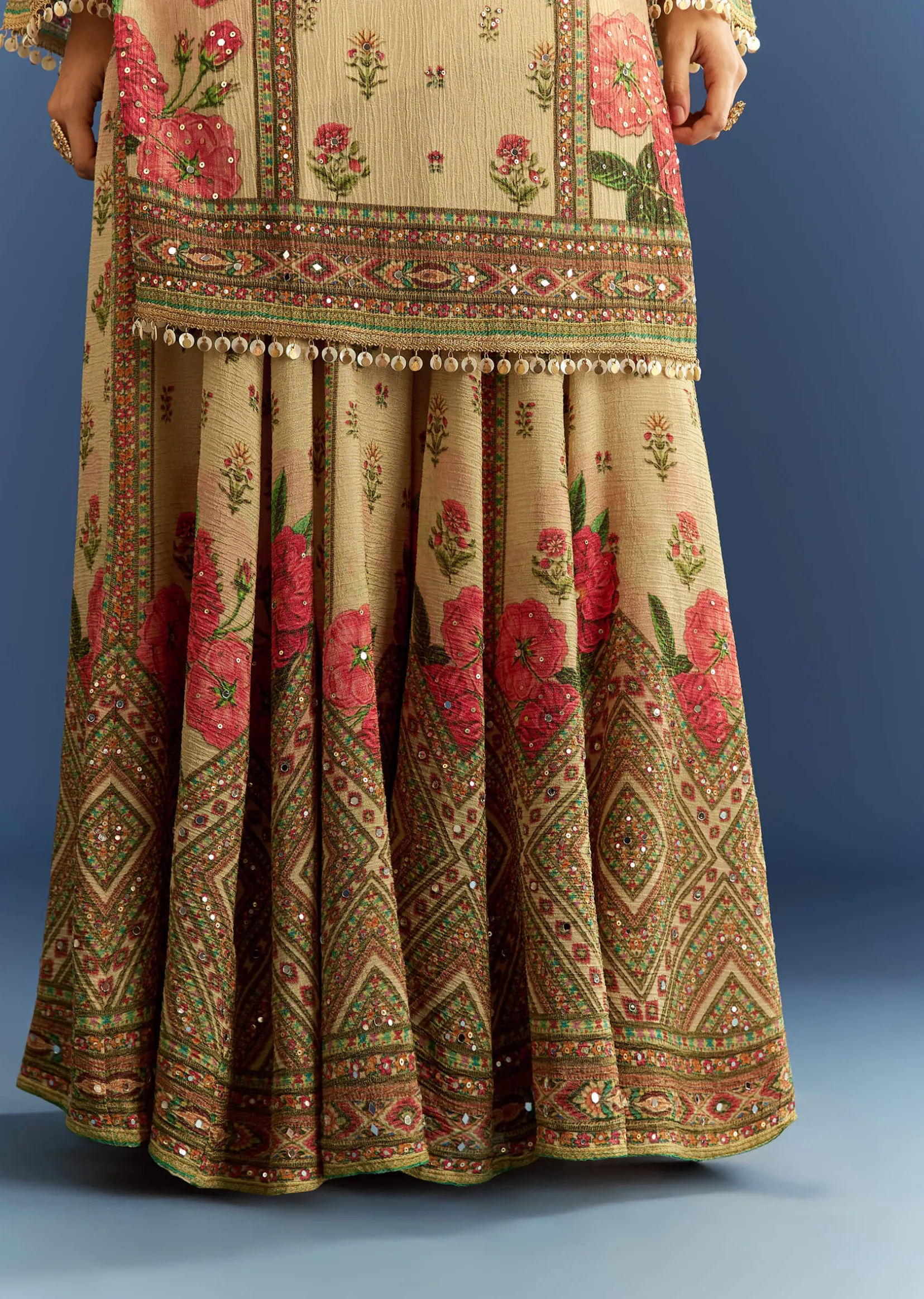 Beige Crush Tissue Floral Printed Kurta Palazzo With Dupatta