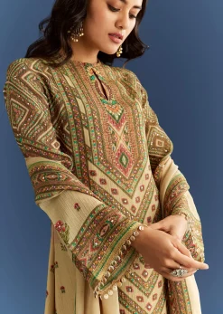 Beige Crush Tissue Floral Printed Kurta With Printed Palazzo