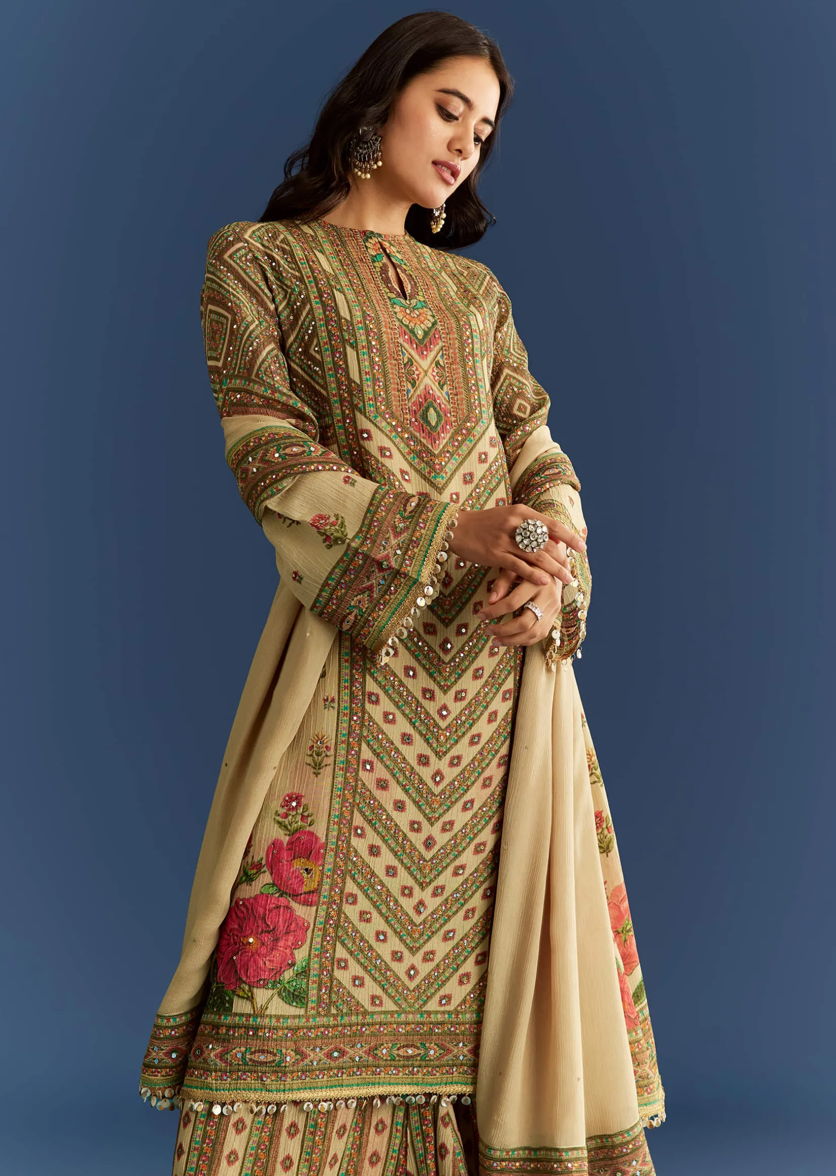 Beige Crush Tissue Floral Printed Kurta With Printed Palazzo