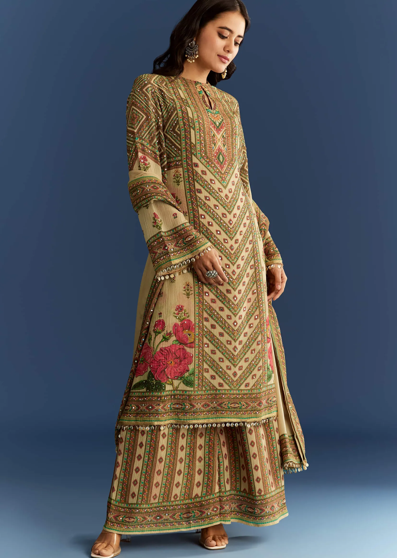 Beige Crush Tissue Floral Printed Kurta With Printed Palazzo