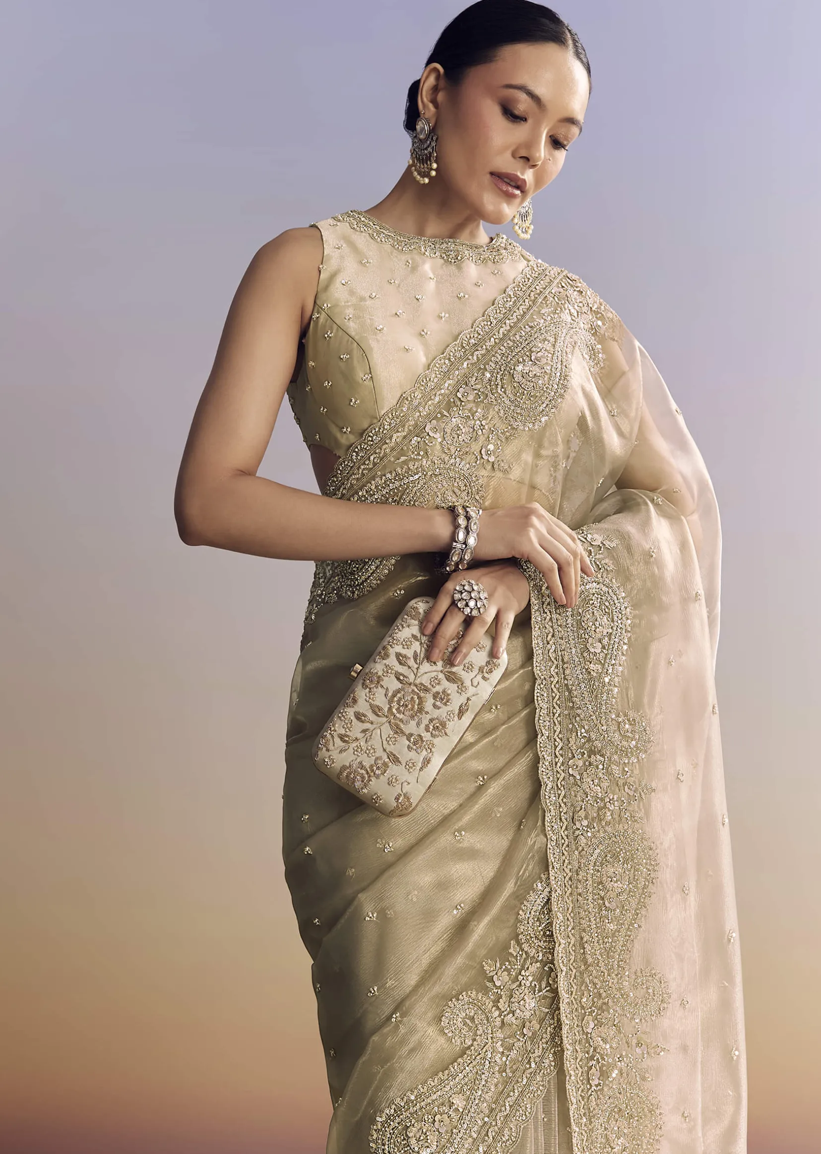 Beige Crush Tissue Saree With Multitech Embroidery
