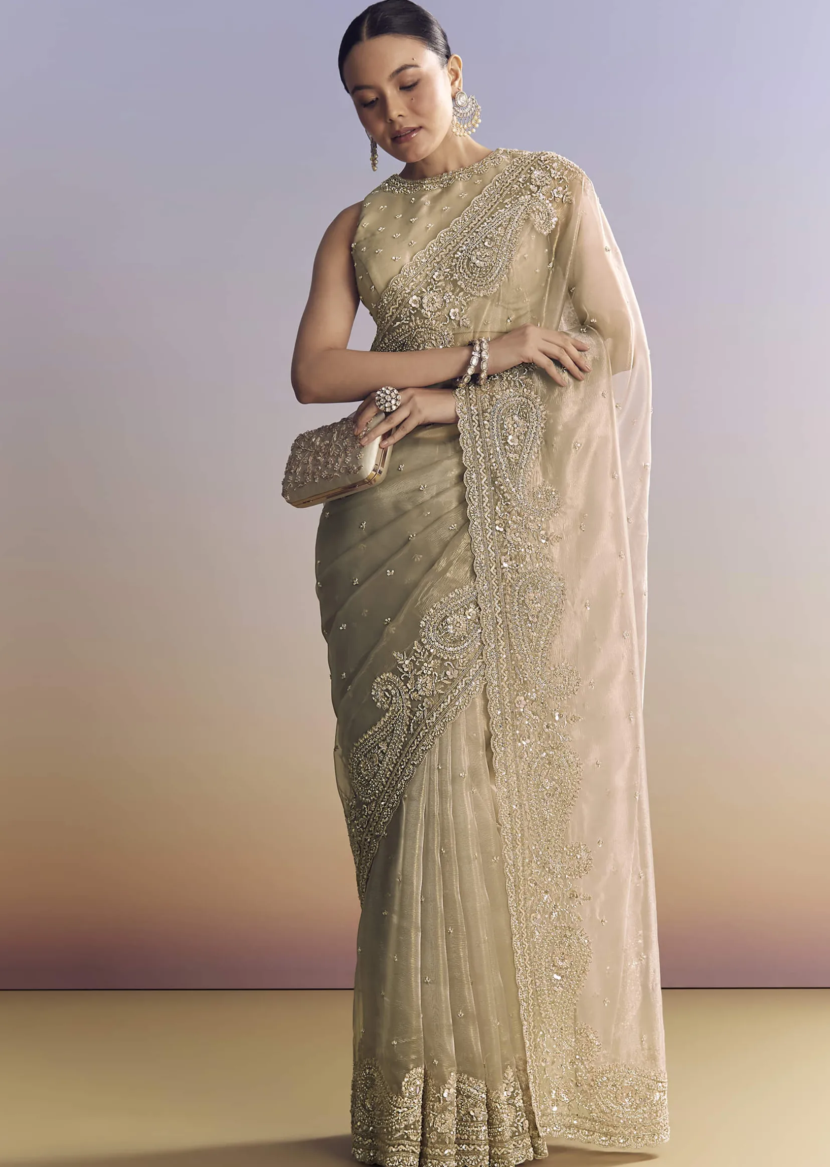 Beige Crush Tissue Saree With Multitech Embroidery