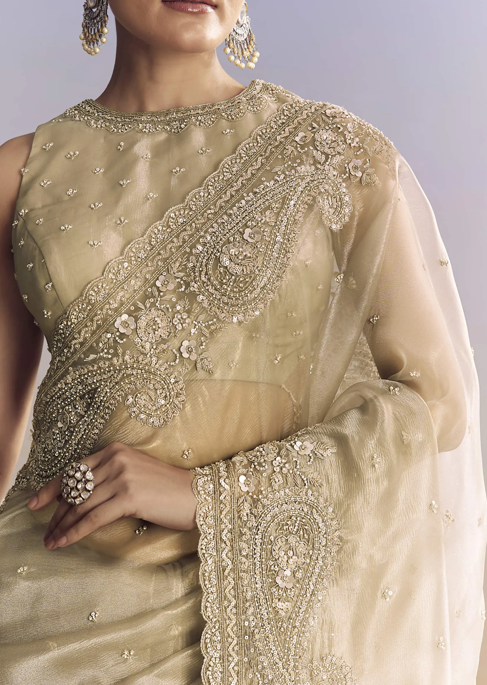 Beige Crush Tissue Saree With Multitech Embroidery