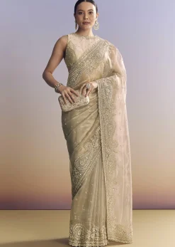 Beige Crush Tissue Saree With Multitech Embroidery