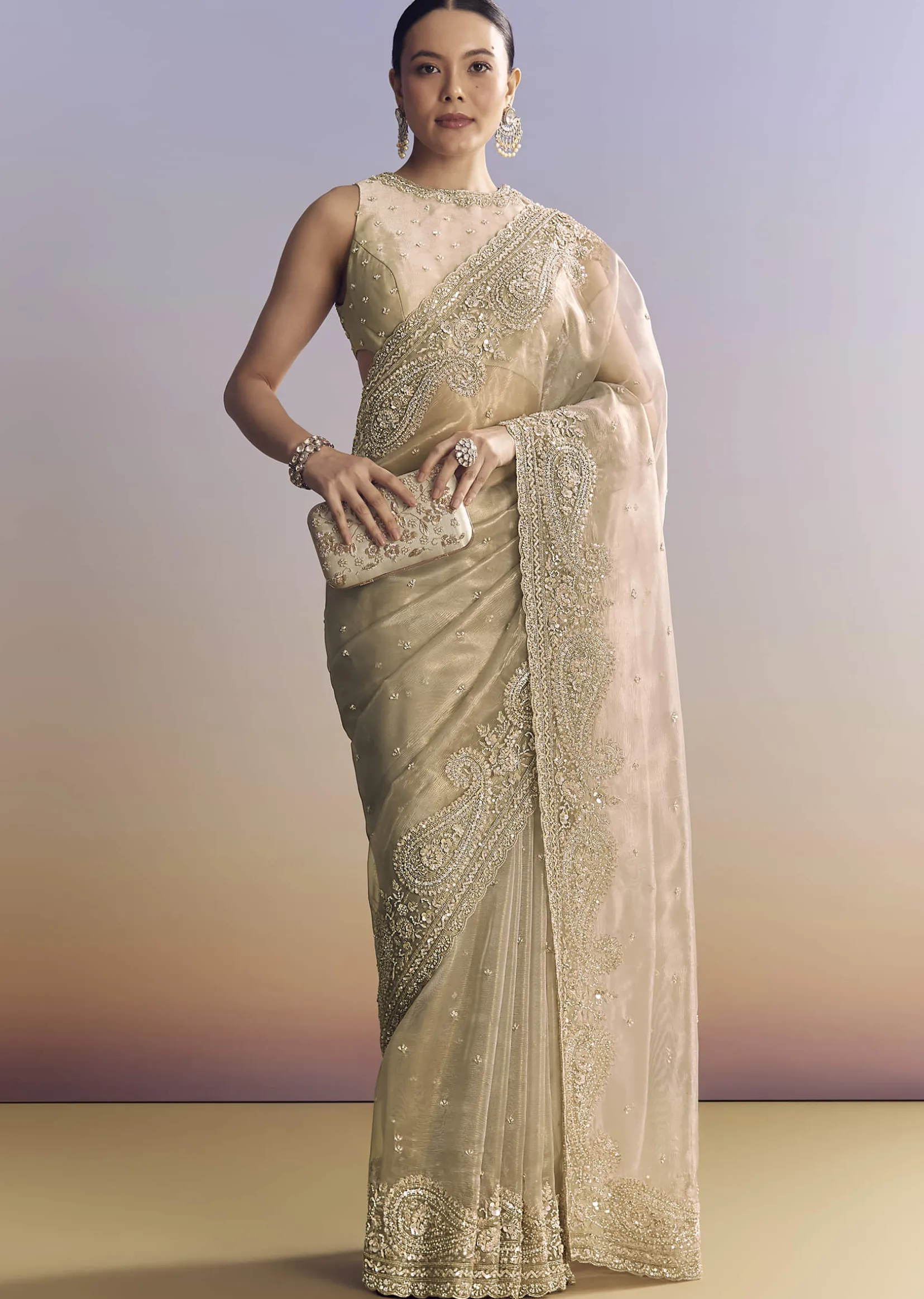 Beige Crush Tissue Saree With Multitech Embroidery