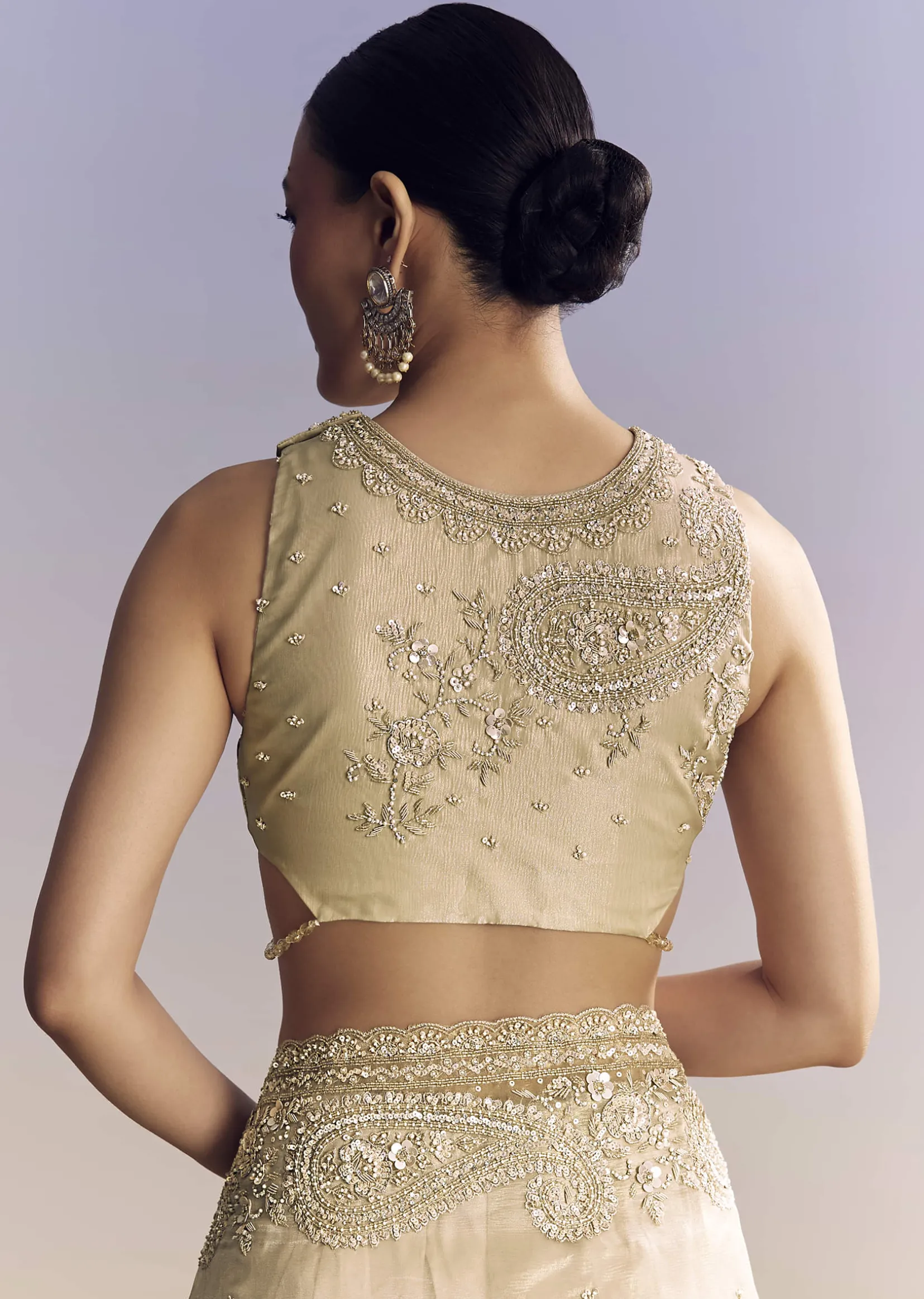 Beige Crush Tissue Saree With Multitech Embroidery