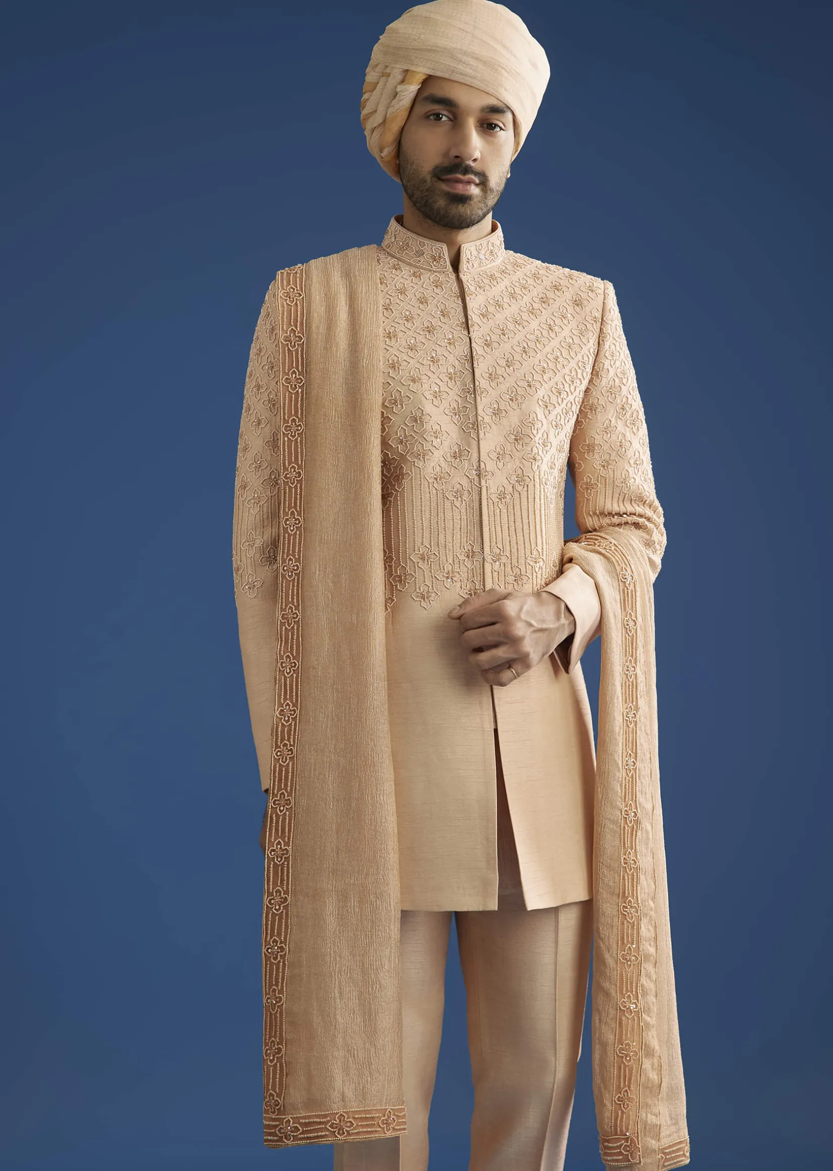 Beige Crush Tissue Sherwani Set With Hand Embroidery