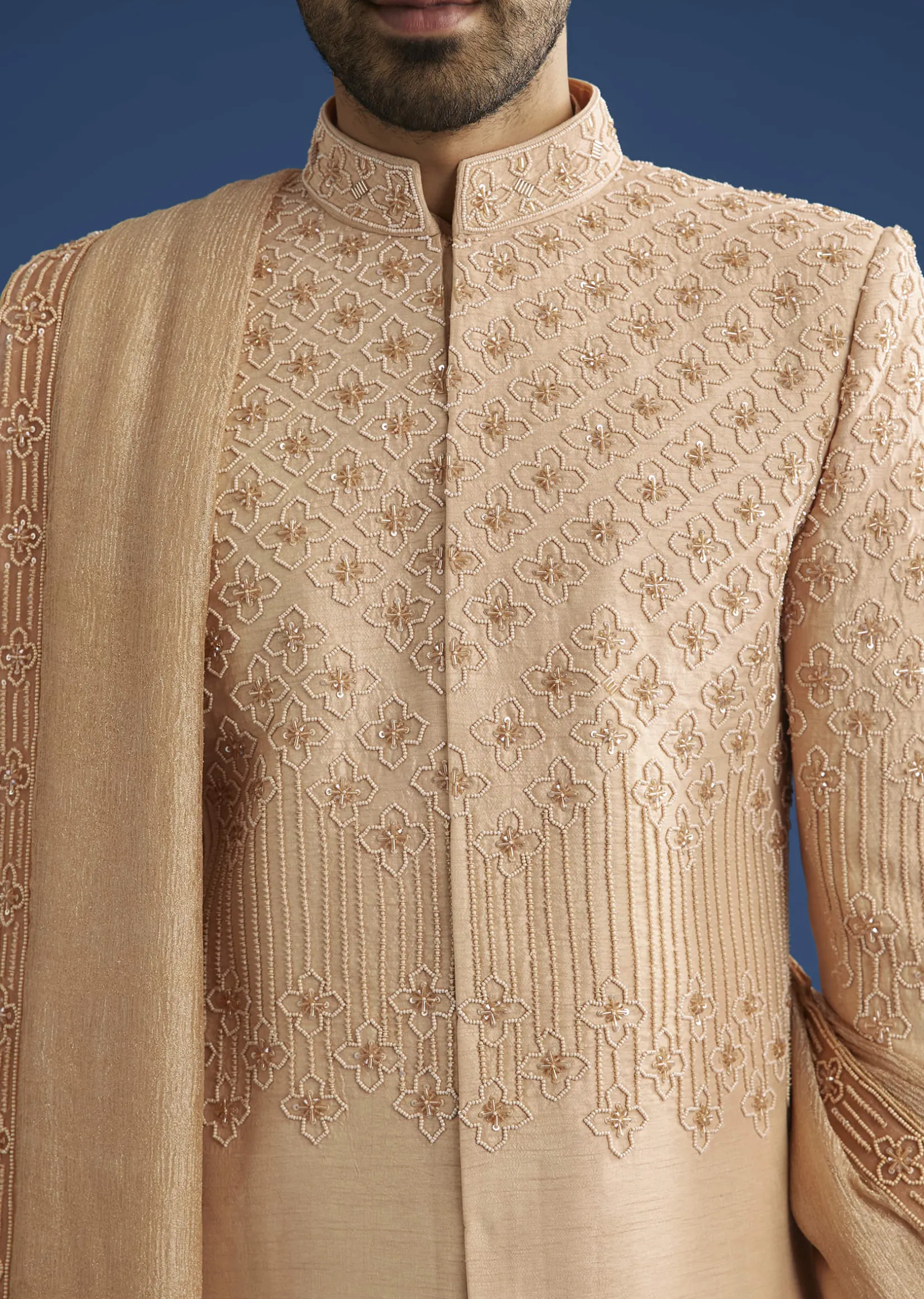 Beige Crush Tissue Sherwani Set With Hand Embroidery