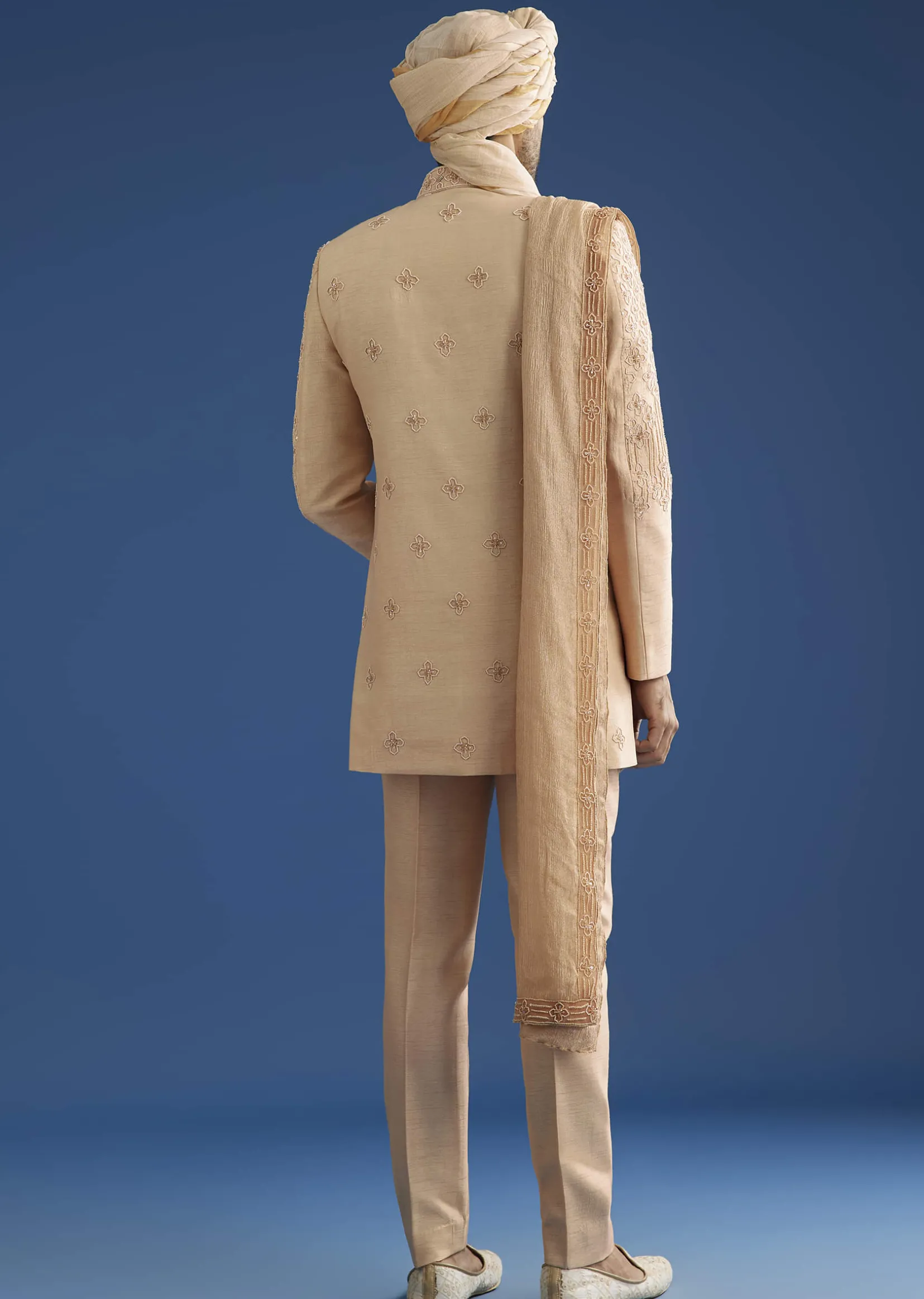 Beige Crush Tissue Sherwani Set With Hand Embroidery