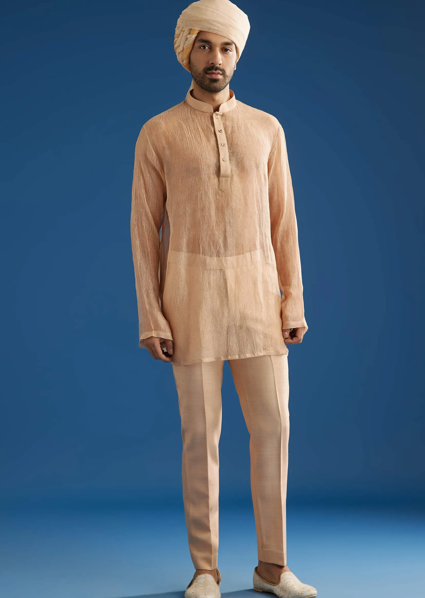 Beige Crush Tissue Sherwani Set With Hand Embroidery