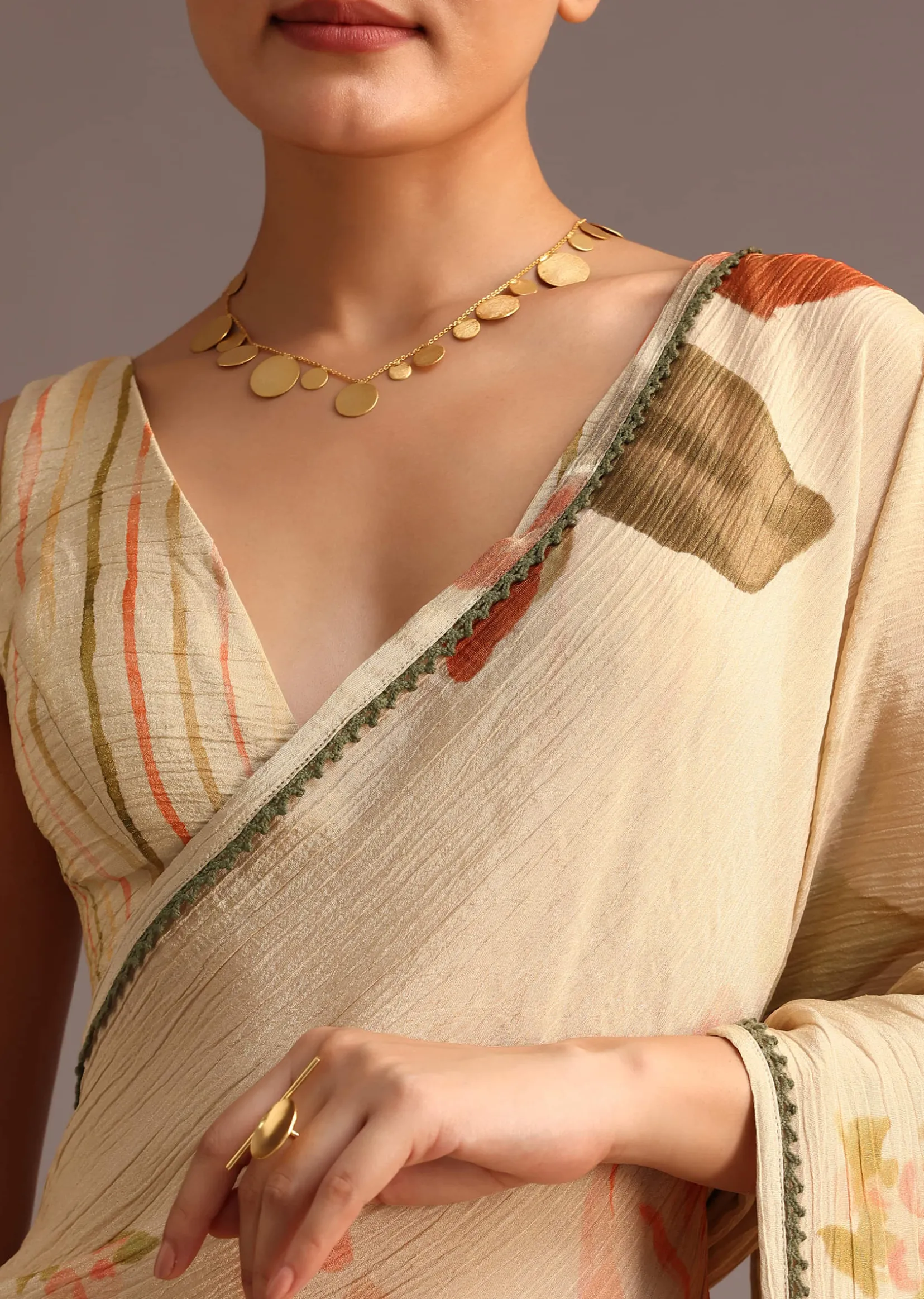 Beige Crushed Abstract Print Saree With Lace Pallu Border