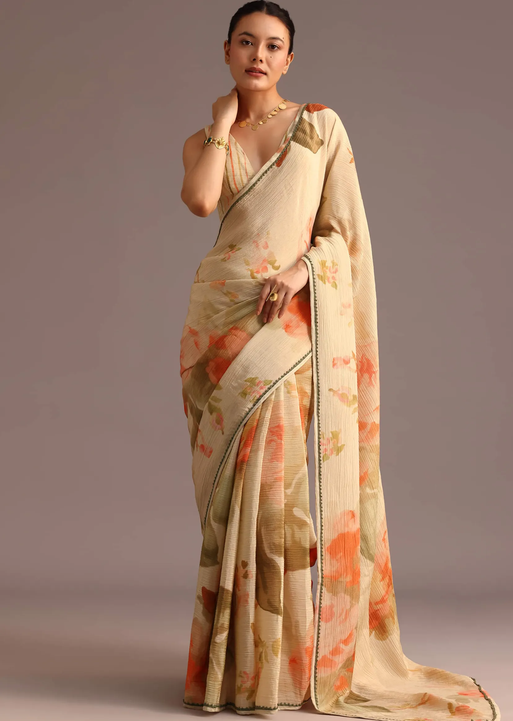 Beige Crushed Abstract Print Saree With Lace Pallu Border