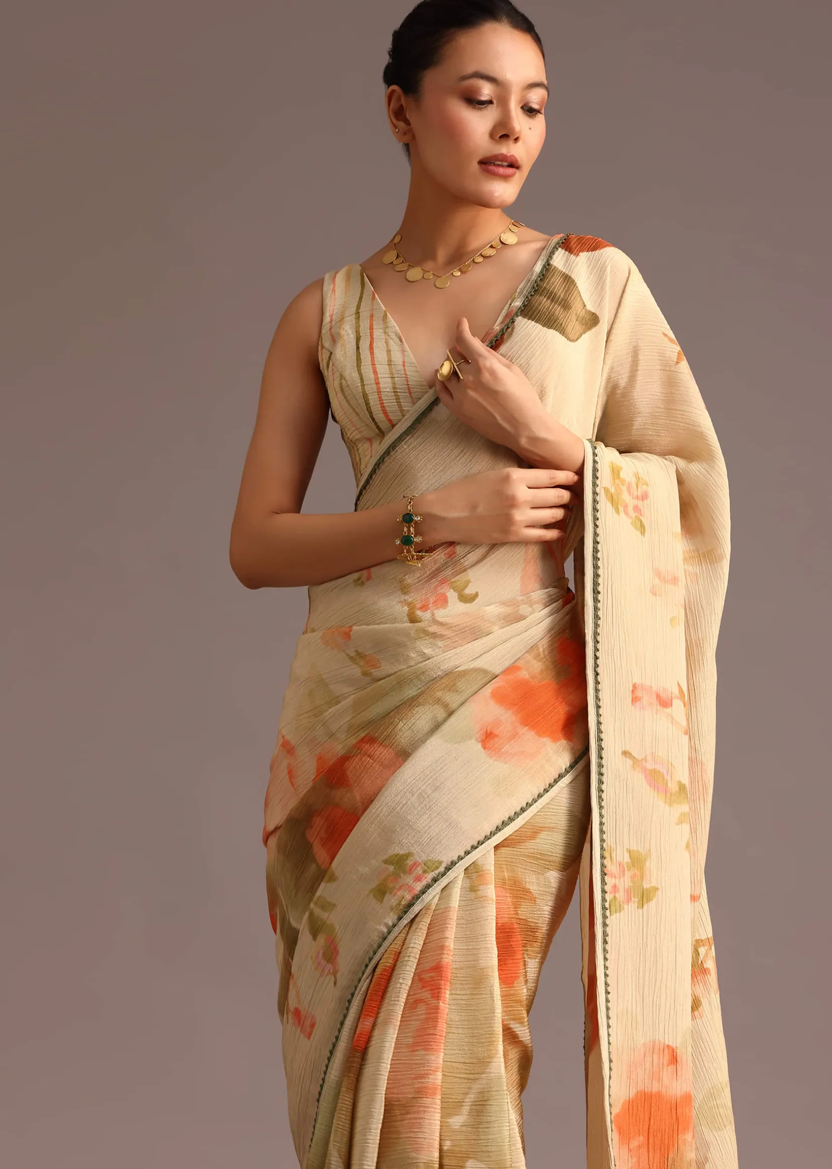 Beige Crushed Abstract Print Saree With Lace Pallu Border