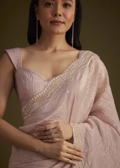 Beige Crushed Tissue Saree With Embroidered Border