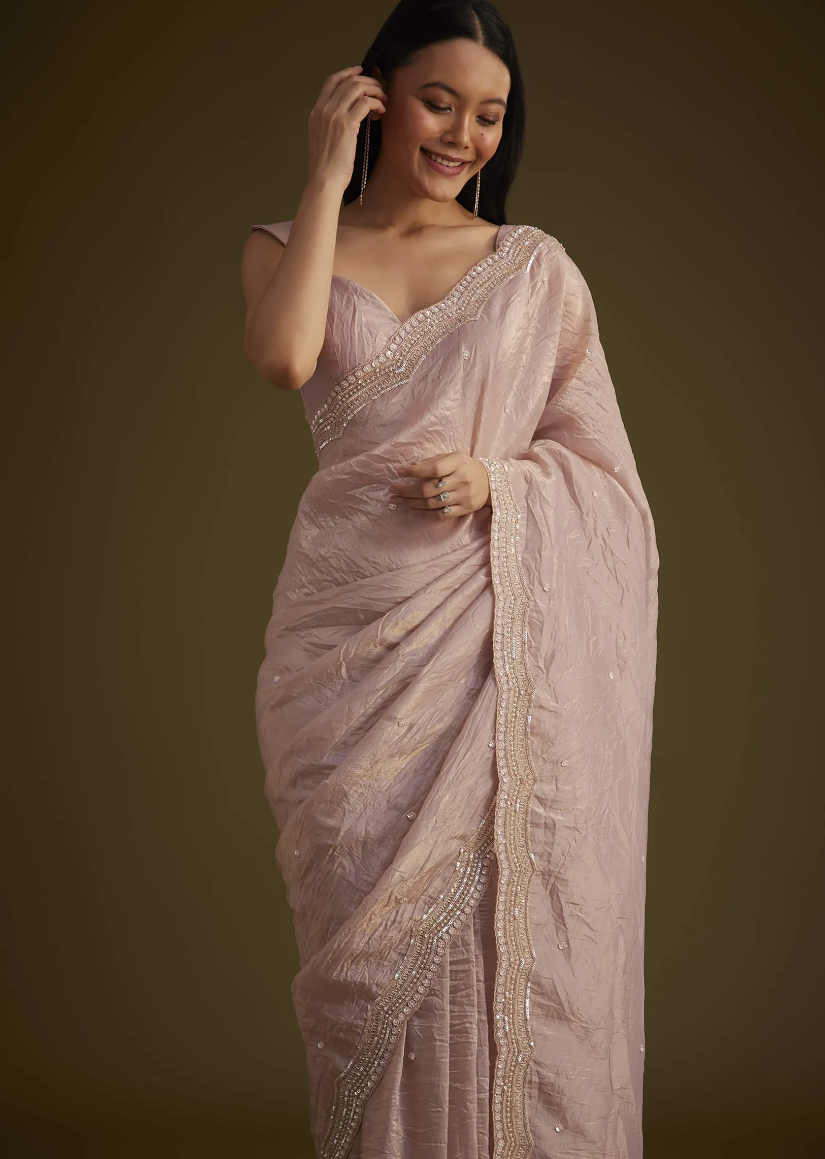 Beige Crushed Tissue Saree With Embroidered Border