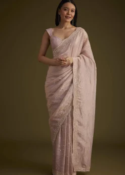 Beige Crushed Tissue Saree With Embroidered Border