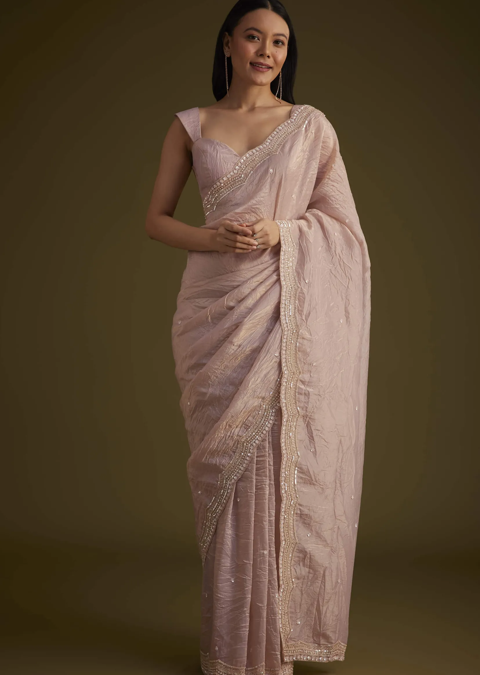 Beige Crushed Tissue Saree With Embroidered Border