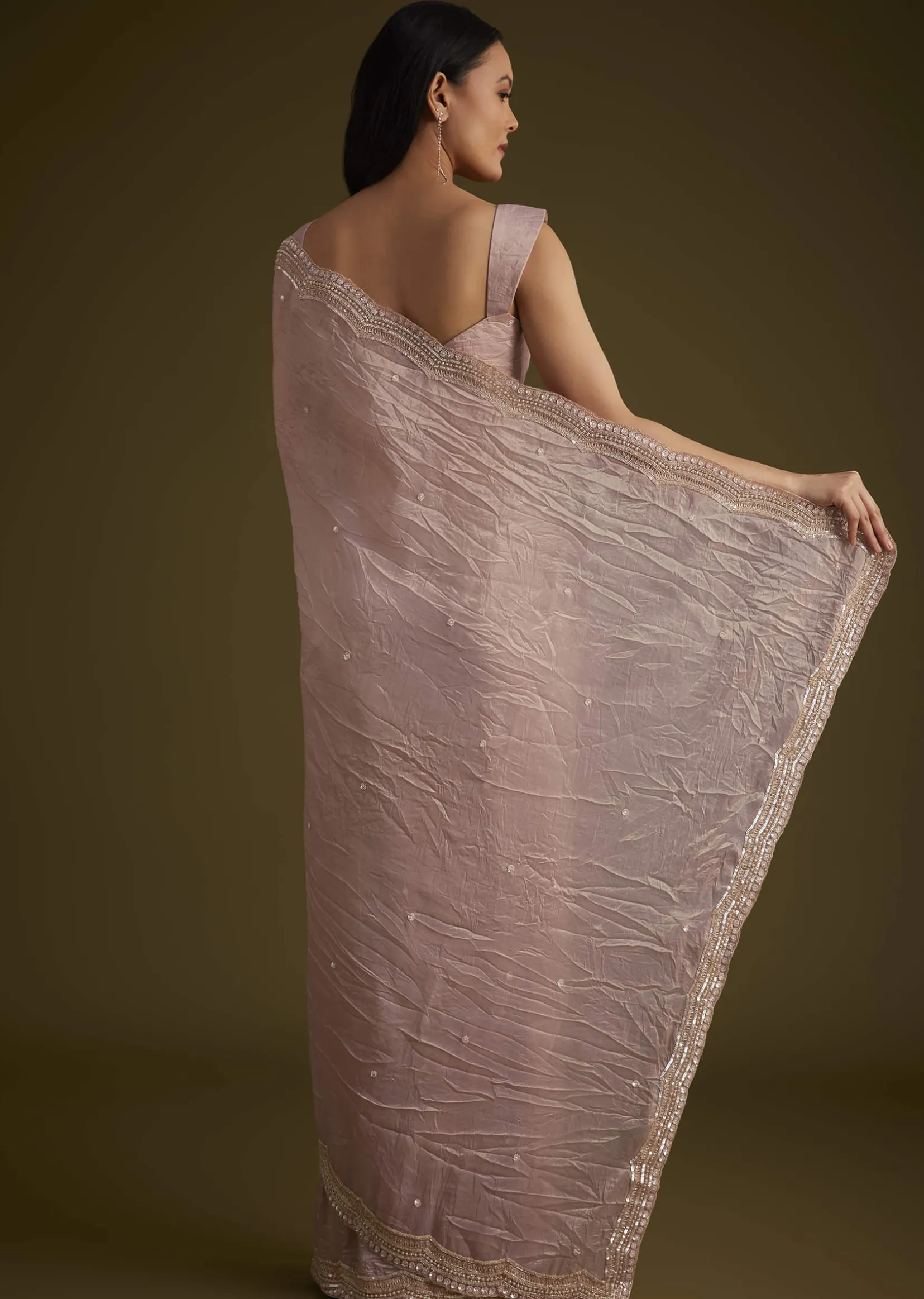 Beige Crushed Tissue Saree With Embroidered Border