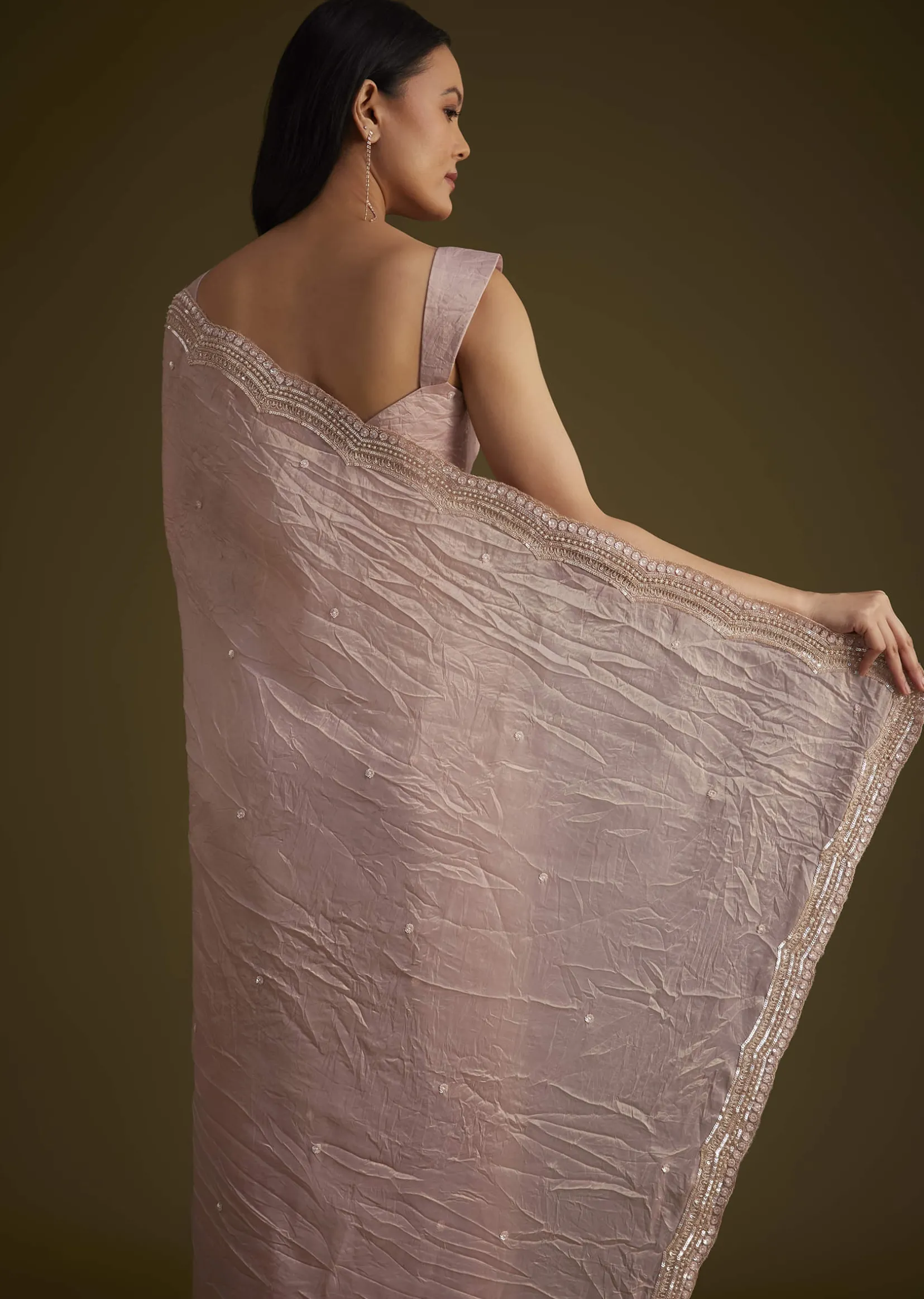Beige Crushed Tissue Saree With Embroidered Border
