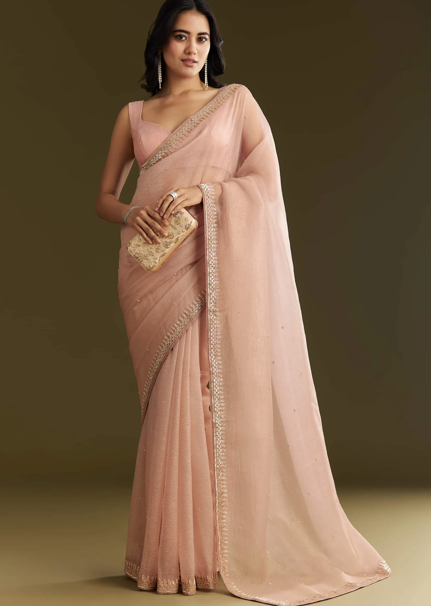 Beige Crushed Tissue Saree With Stone Embellishment And Glossy Finish