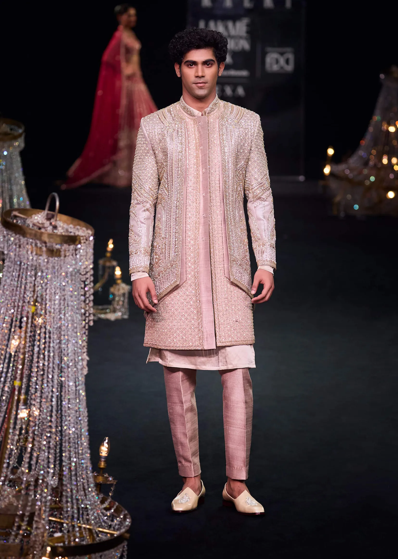 Beige Double Layered Raw Silk Sherwani And Kurta Set