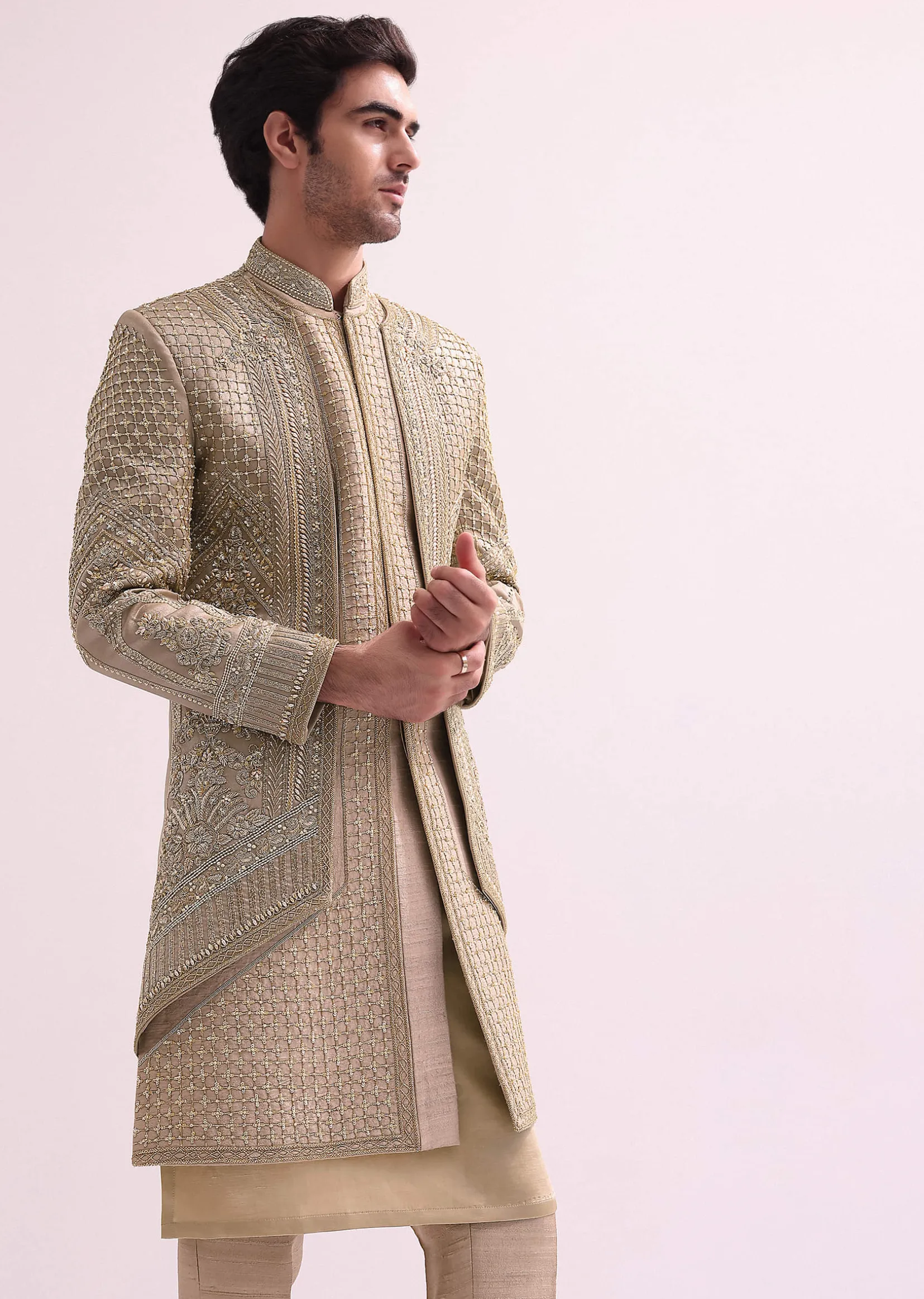 Beige Double Layered Raw Silk Sherwani And Kurta Set