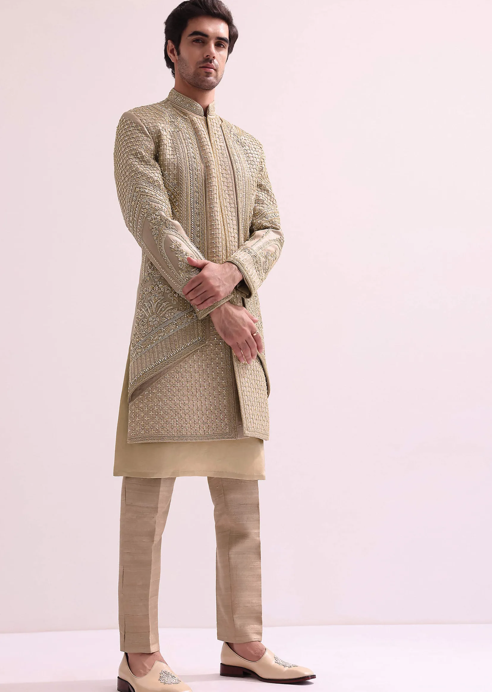 Beige Double Layered Raw Silk Sherwani And Kurta Set