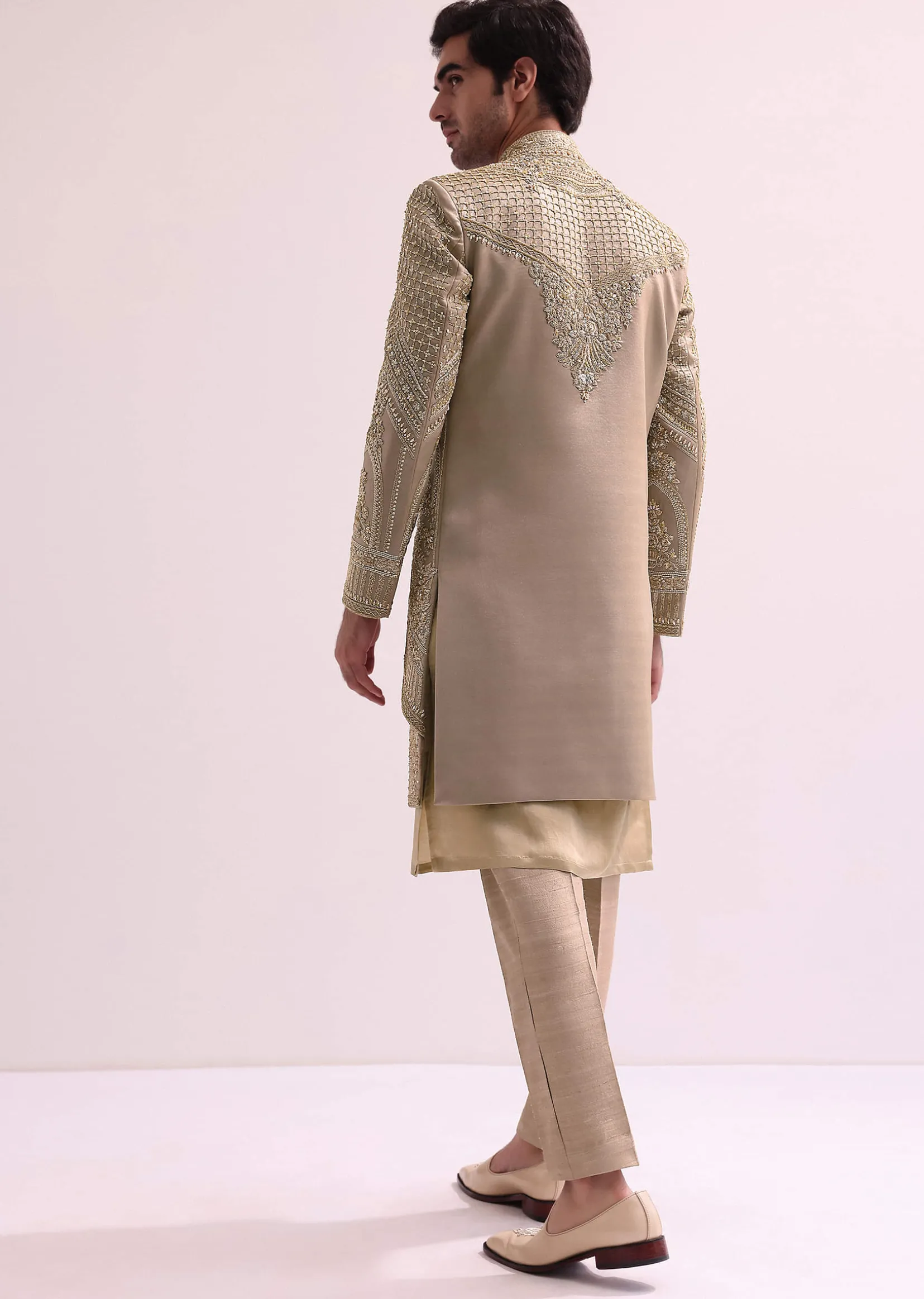 Beige Double Layered Raw Silk Sherwani And Kurta Set