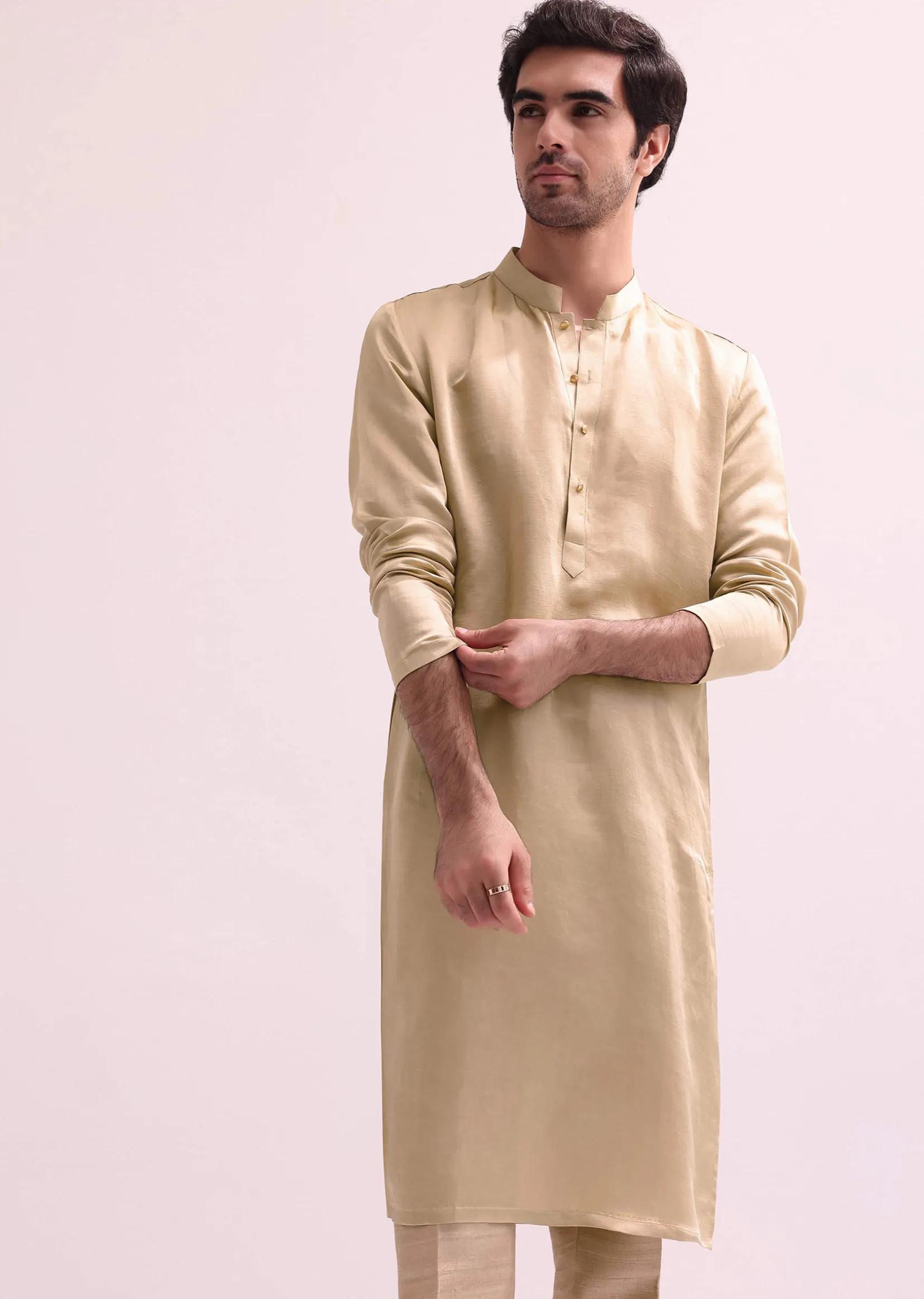 Beige Double Layered Raw Silk Sherwani And Kurta Set