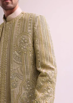 Beige Double Layered Straight Cut Silk Sherwani And Kurta Set