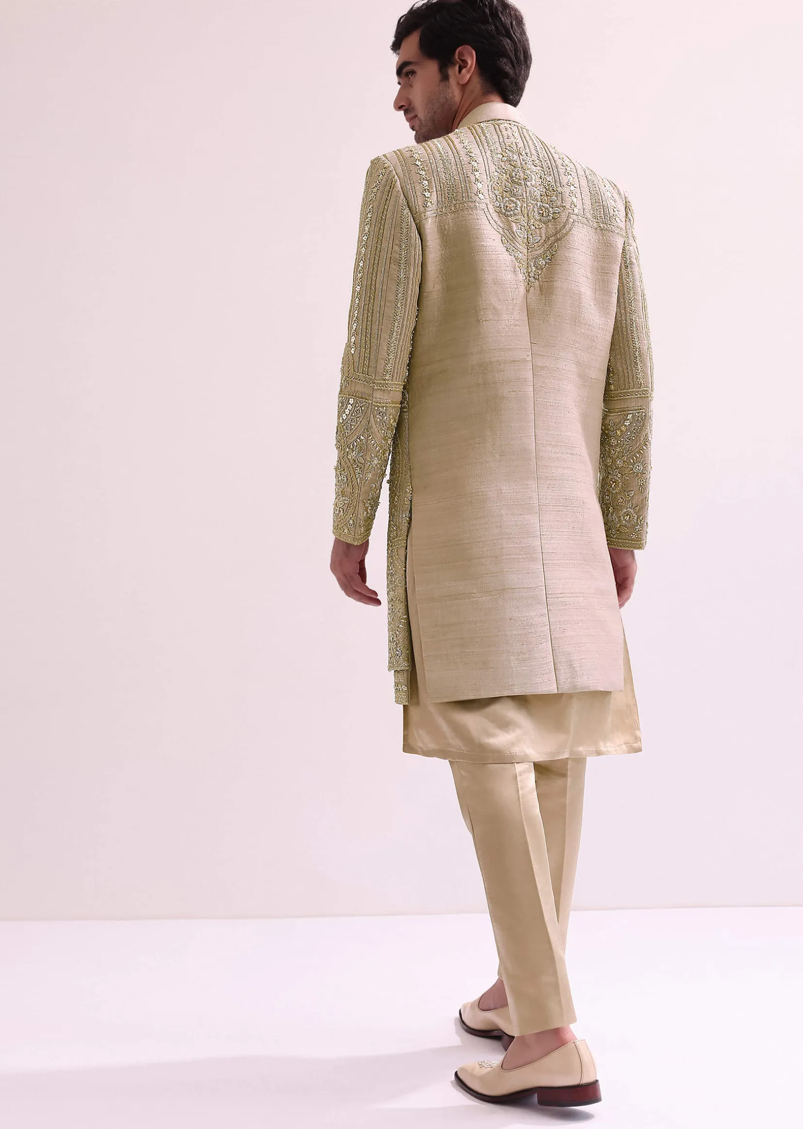 Beige Double Layered Straight Cut Silk Sherwani And Kurta Set