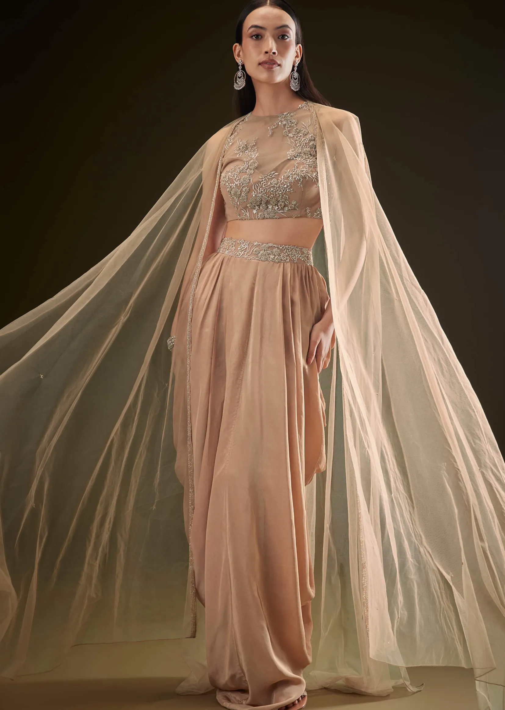 Beige Drape Dhoti Skirt With Embroidered Bustier And Long Cape