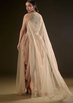 Beige Drape Dhoti Skirt With Embroidered Bustier And Long Cape