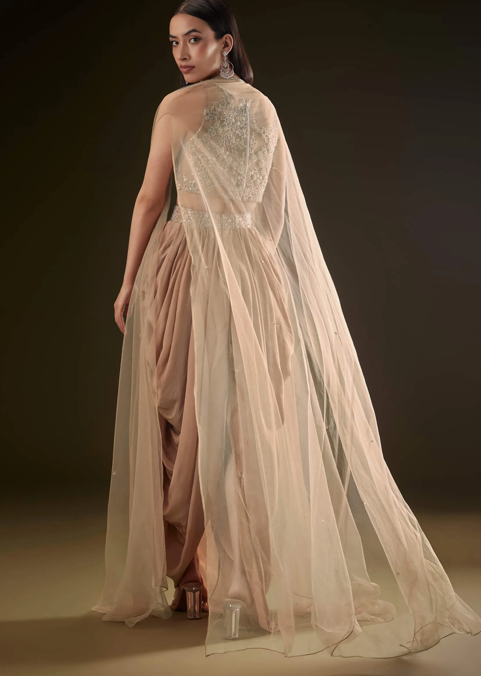 Beige Drape Dhoti Skirt With Embroidered Bustier And Long Cape