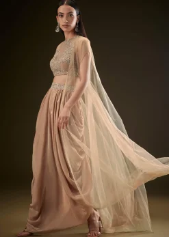 Beige Drape Dhoti Skirt With Embroidered Bustier And Long Cape