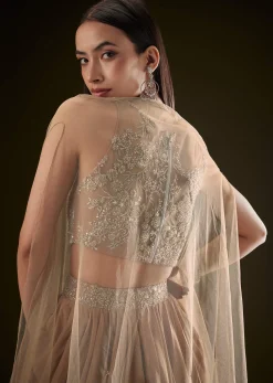 Beige Drape Dhoti Skirt With Embroidered Bustier And Long Cape