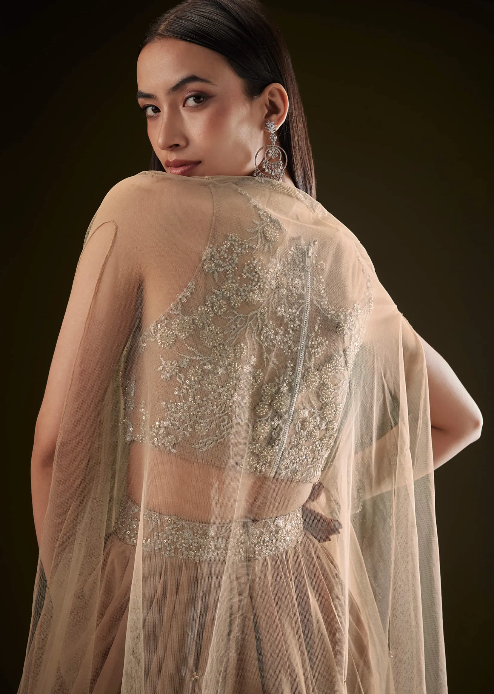 Beige Drape Dhoti Skirt With Embroidered Bustier And Long Cape