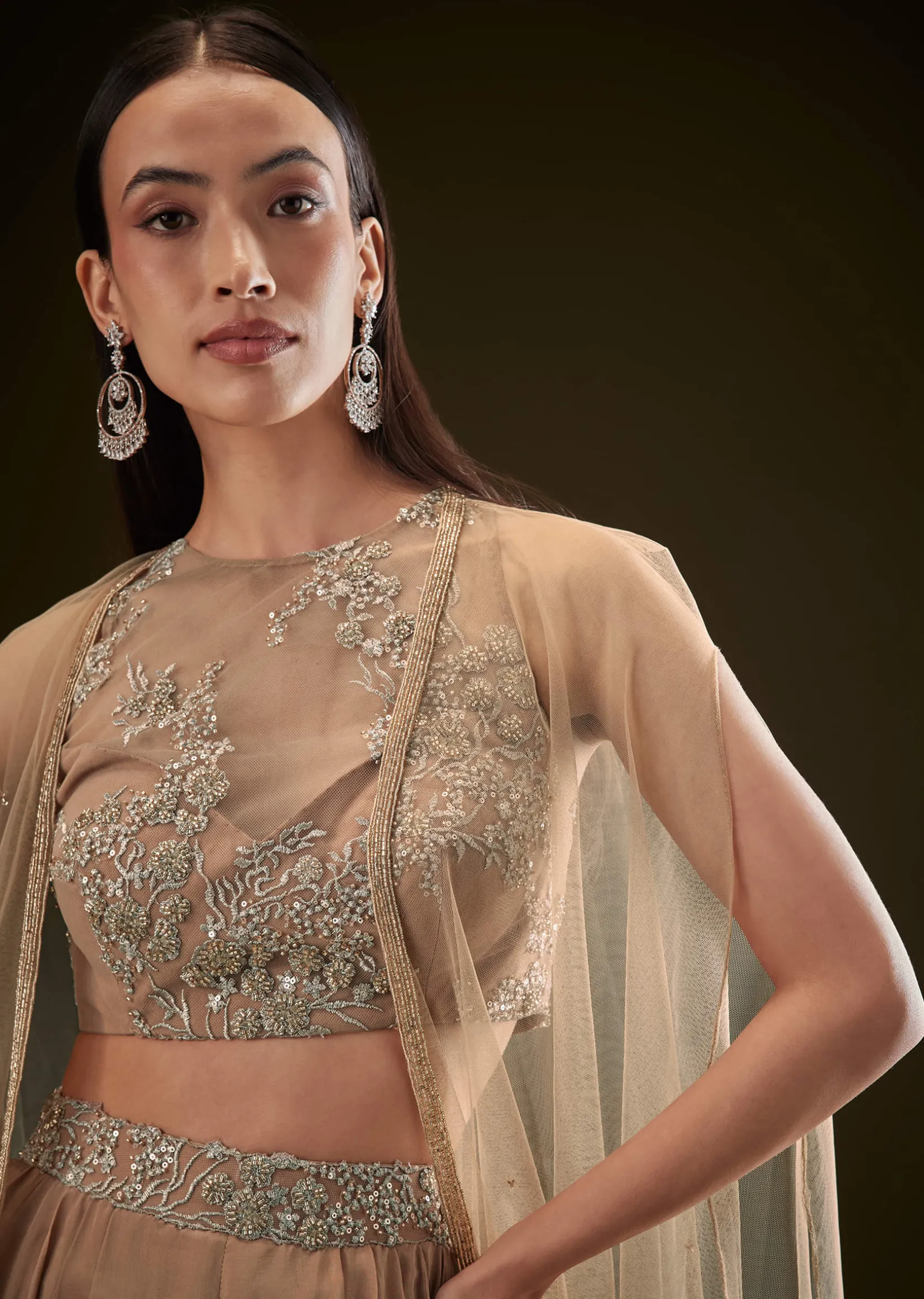 Beige Drape Dhoti Skirt With Embroidered Bustier And Long Cape