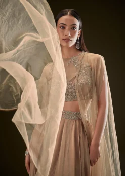 Beige Drape Dhoti Skirt With Embroidered Bustier And Long Cape