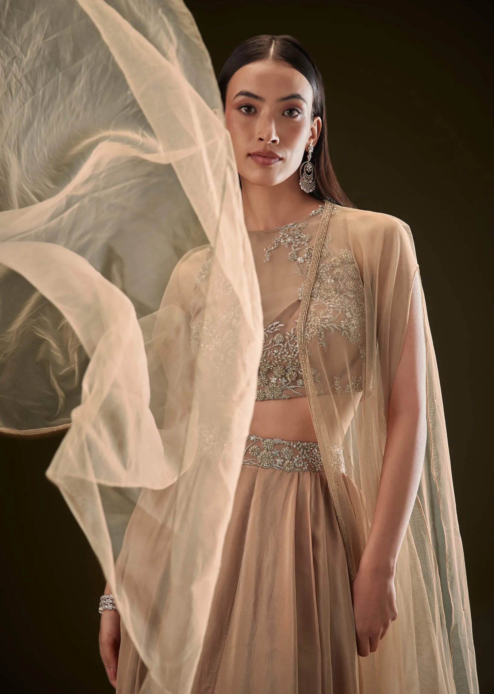 Beige Drape Dhoti Skirt With Embroidered Bustier And Long Cape
