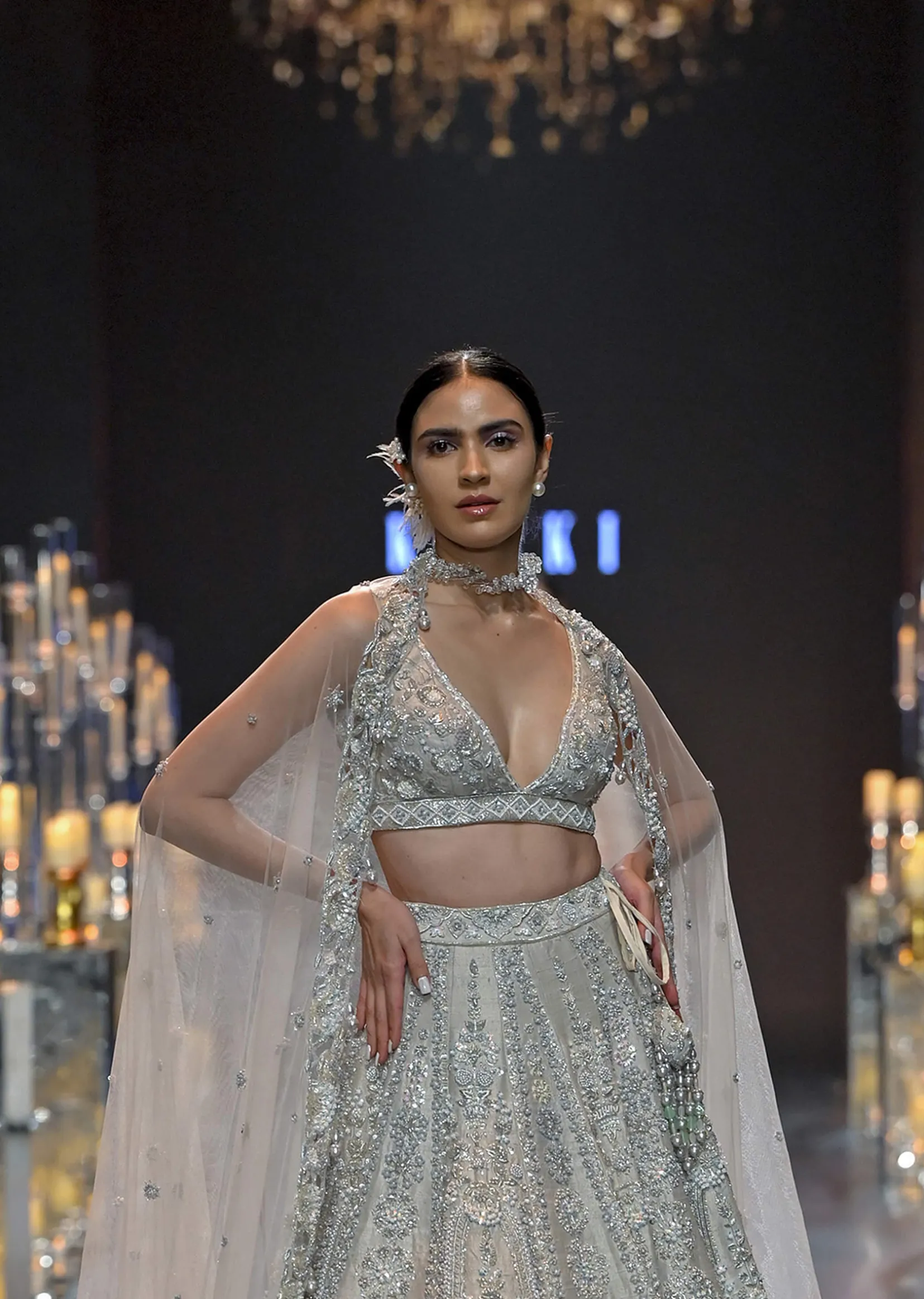 Beige Embroidered Bridal Lehenga Set With Pearl Embellishments