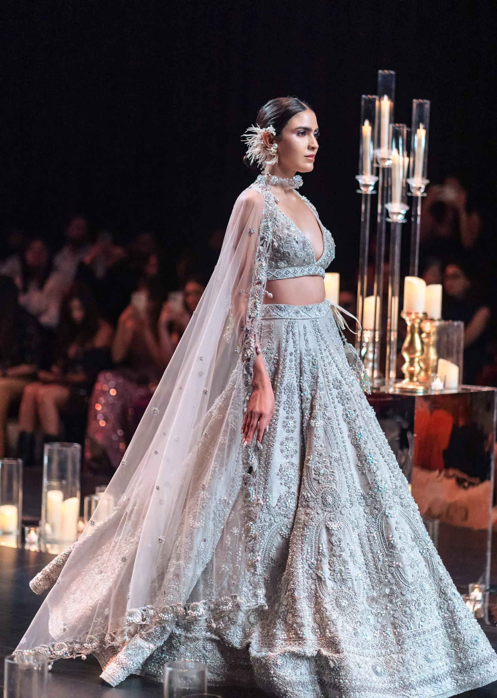 Beige Embroidered Bridal Lehenga Set With Pearl Embellishments