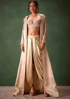 Beige Embroidered Brocade Corset With Long Blazer And Dhoti Pant