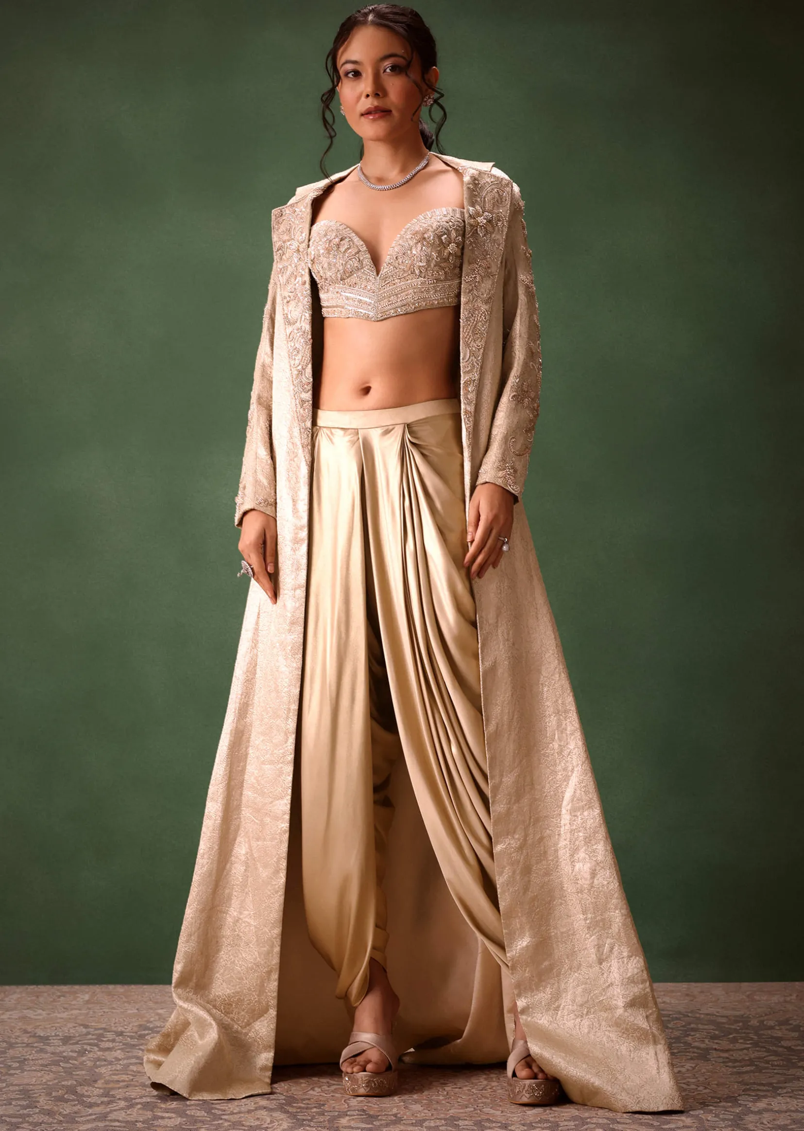 Beige Embroidered Brocade Corset With Long Blazer And Dhoti Pant
