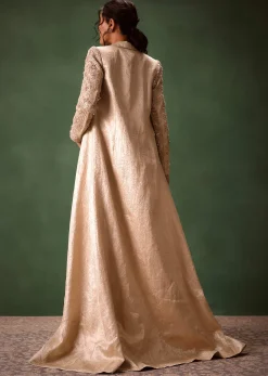Beige Embroidered Brocade Corset With Long Blazer And Dhoti Pant