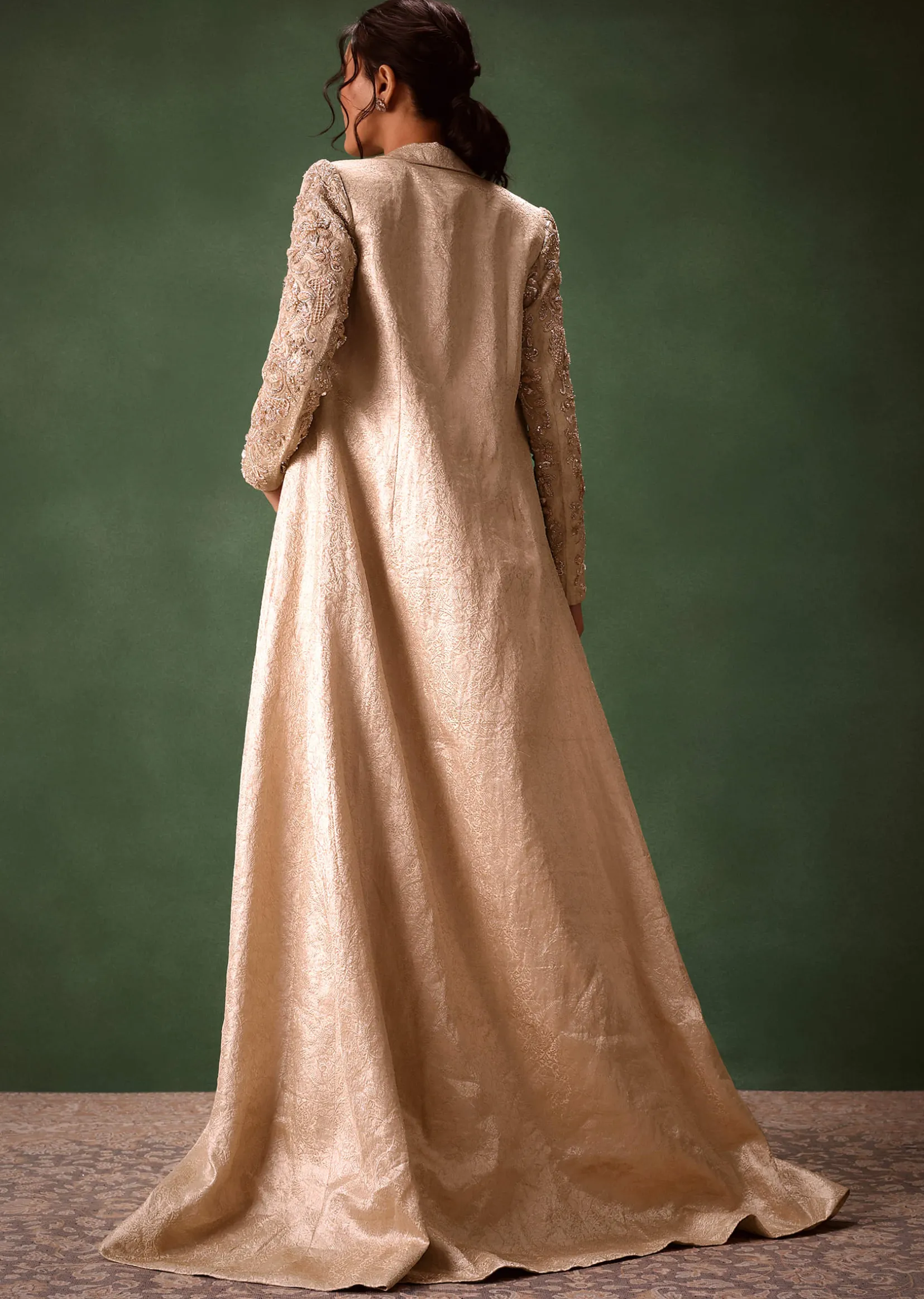 Beige Embroidered Brocade Corset With Long Blazer And Dhoti Pant