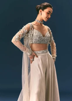 Beige Embroidered Organza Blouse With Circular Palazzo And Cutwork Jacket