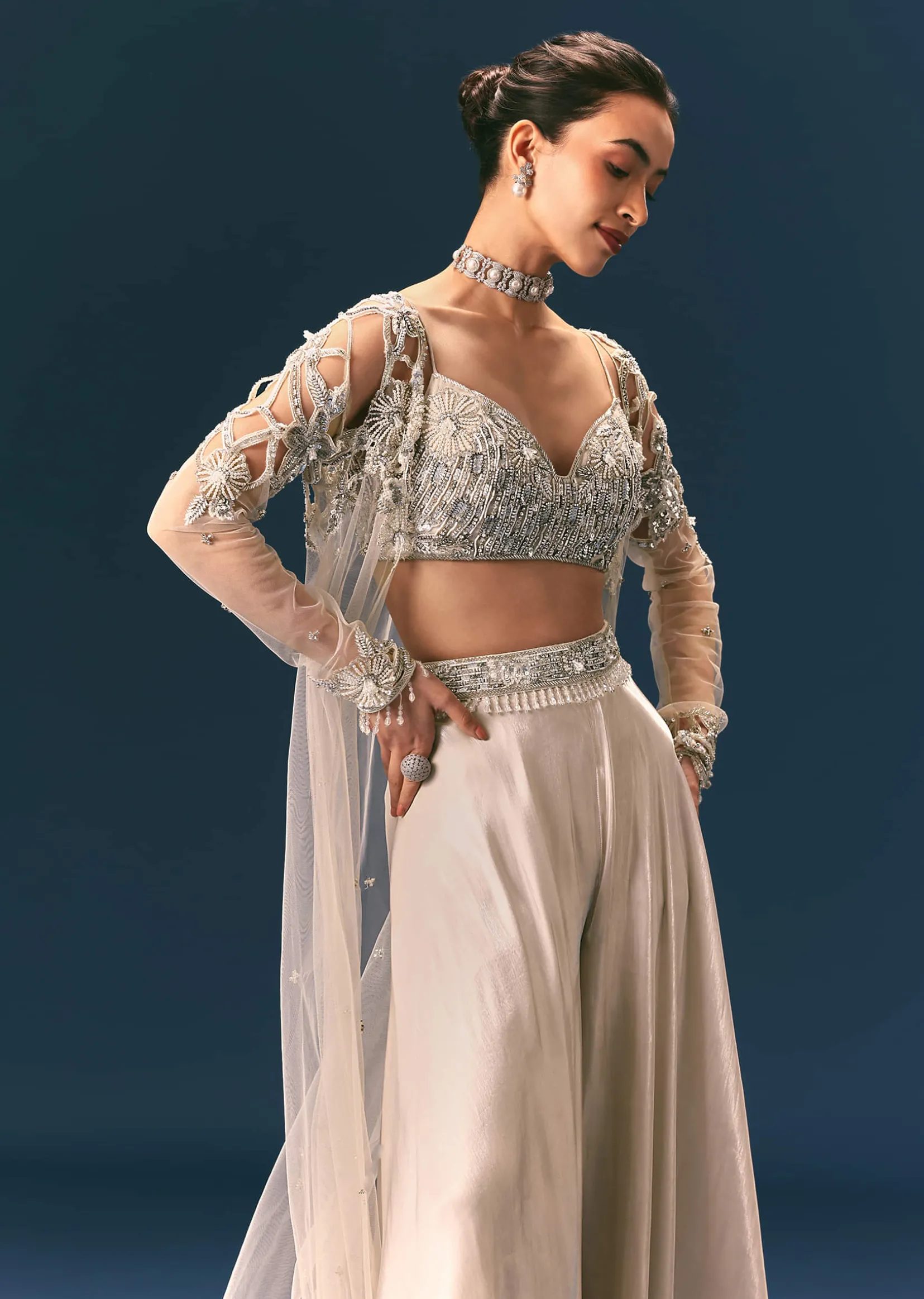 Beige Embroidered Organza Blouse With Circular Palazzo And Cutwork Jacket